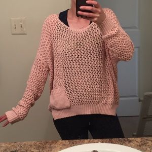 Light pink crochet slouchy sweater with pocket